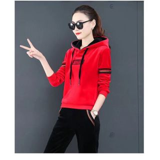 Lông Cừu Lót Dày Vàng Nhung Thể Thao Thường Ngày Phù Hợp Với Nữ Mùa Đông Kích Thước Lớn Rời Có Mũ Trùm Đầu Áo Hai Mảnh