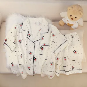 Bộ Đồ Ngủ Nữ Mây Cotton Đôi Ngắn Bé Gái Dễ Thương Nhỏ Ve Áo Ngắn Tay Loungewear Phù Hợp Với