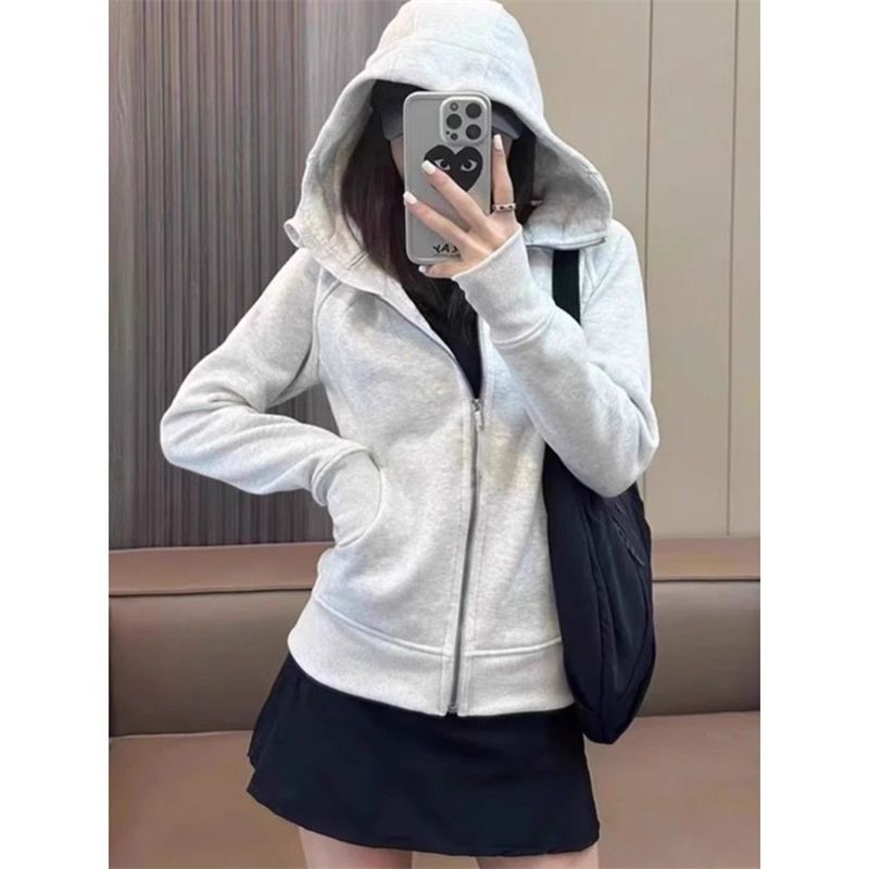 [Phù Hợp Với] Áo khoác nữ Dopamine slim-fit, có mũ trùm đầu, thể thao, nẹp ngắn, lông cừu, mùa xuân, phù hợp mọi trận đấu