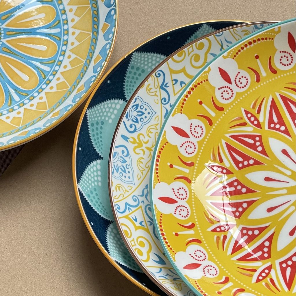 ❤️Bán chạy❤️Bốn Gói 8.15 Inch Bohemian Underglaze Đĩa Màu Súp Sâu Đĩa Cơm Gốm Bộ Đồ Ăn Hộ Gia Đình