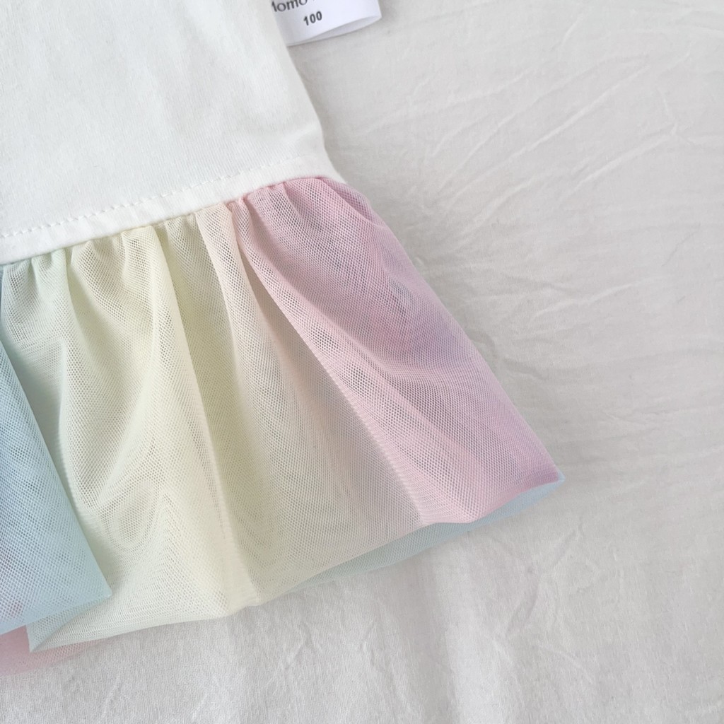 Cotton Lycra Trẻ Em Top Mùa Hè Phong Cách Mới In Hình Dễ Thương Váy Cầu Vồng Viền Áo Thun 100-150 Kích Thước WUUV