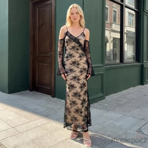 MAPLEPOET-Nữ Ruffles Trim Off-Shoulder Tay áo hở vai Váy ren hoa