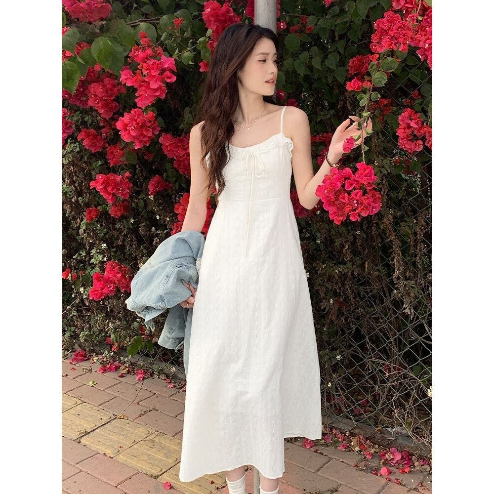 MUTU | Đầm chữ A bé gái mùa hè với ren trắng viền và eo cinched, style vintage cao cấp