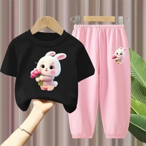 Bộ trang phục trẻ em hoạt hình thỏ Bộ áo thun ngắn tay cho bé gái và quần dài Trang phục đi học thông thường dễ thương