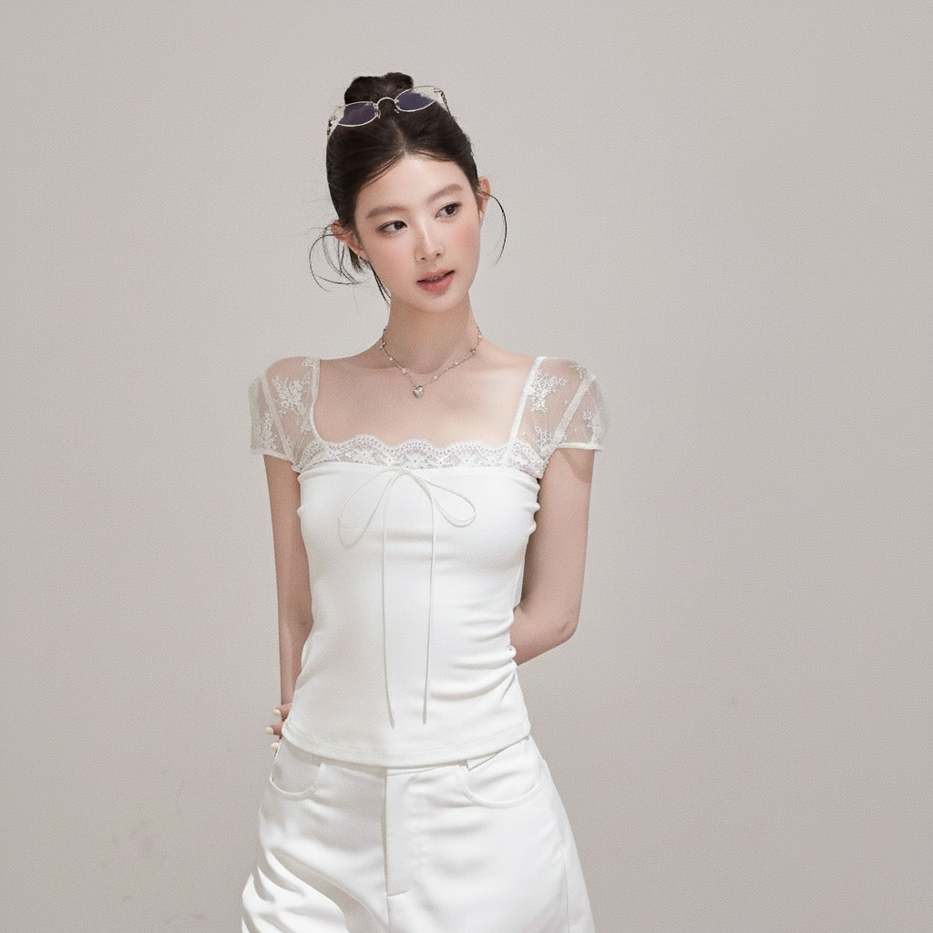Áo Thun Nữ Cổ Vuông  Tay Ngắn Kiểu Phối Ren A5152132