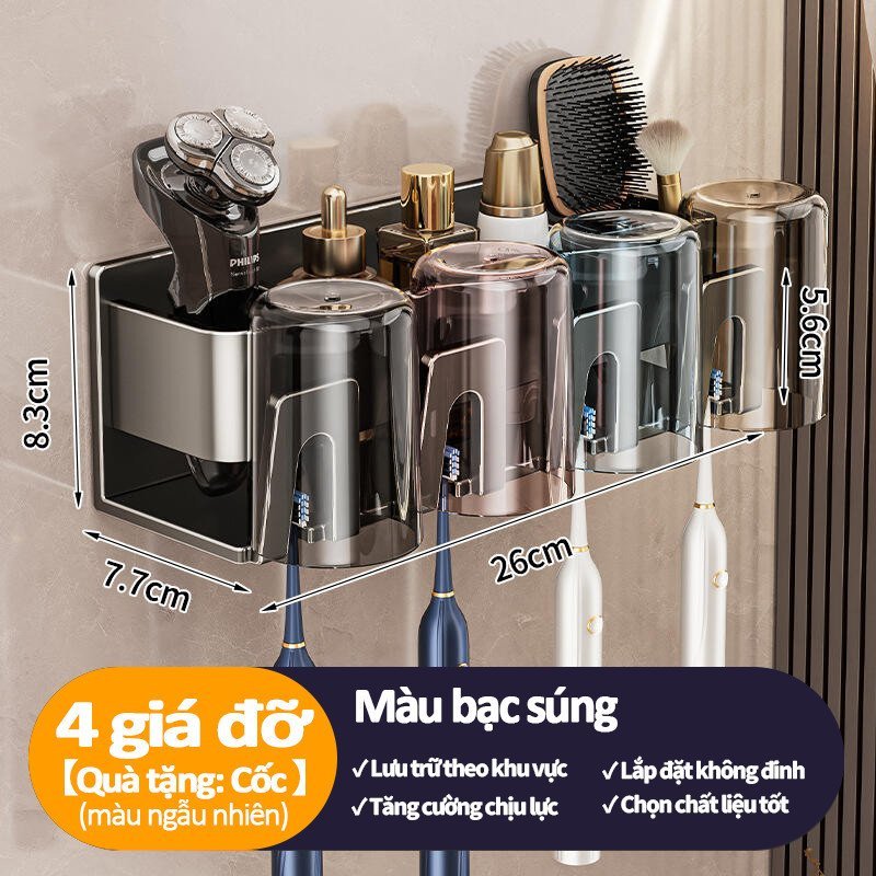 Kệ treo bàn chải đánh răng nhôm không gỉ dày dặn tiết kiệm không gian lắp dễ kèm cốc nhựa bộ 3 bộ 4