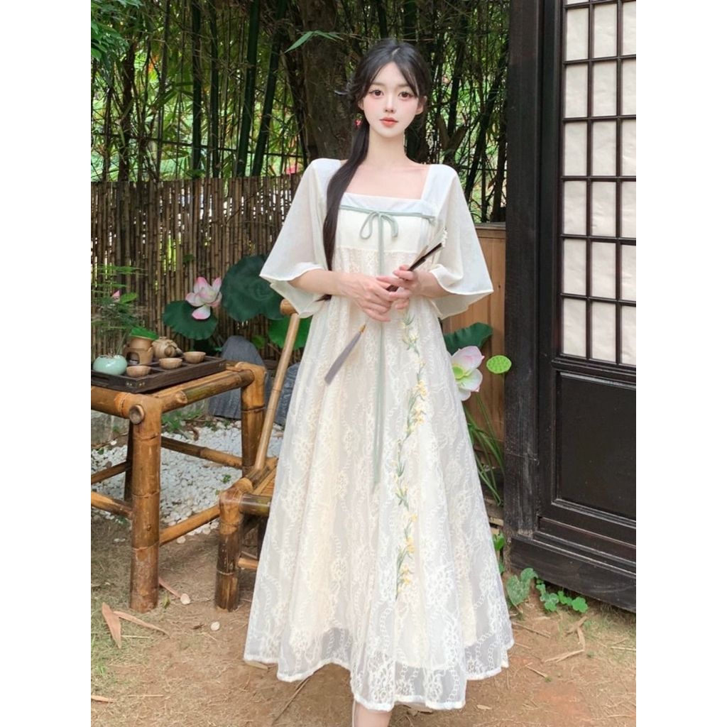 Váy thêu ren phong cách cổ điển Trung Quốc mới dành cho nữ, váy Hanfu dáng rộng dài qua gối cỡ lớn mùa hè