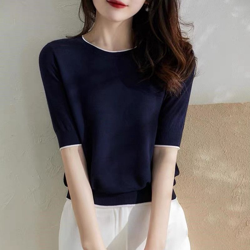 Mùa hè áo thun ngắn tay dệt kim mỏng, cổ tròn dáng rộng, phong cách tươi mát, phù hợp thời trang và thoải mái cho phụ nữ trẻ