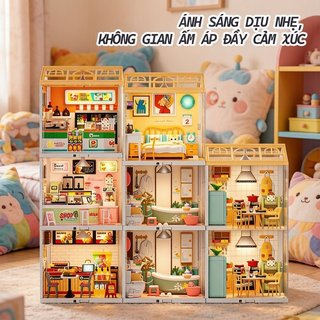 Mô hình nhà búp bê DIY – Lắp ghép có đèn LED – 6 mẫu bếp/phòng/tiệm – Dễ ráp, xếp chồng –Cho trẻ 14+ – Quà tặng sáng tạo