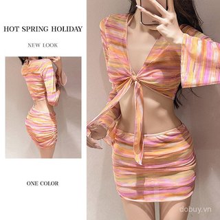 Tên trước eo và mini váy xẻ bèo bộ hai mảnh lưới sheer dành cho nữ