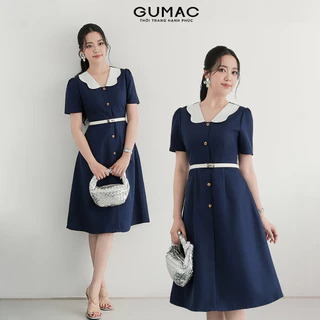 Đầm nữ dáng A xòe GUMAC phối bâu trắng đính nút màu xanh đen tôn dáng sáng da  LDD1214