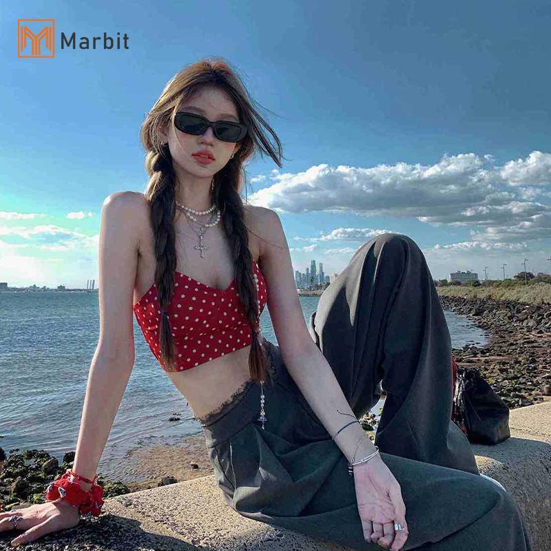 Áo vest crop không tay chấm bi mùa hè với ren-up gợi cảm