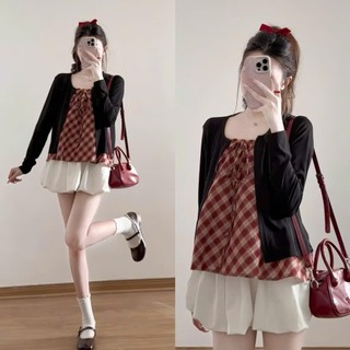 Set áo 2 dây kẻ kèm áo cardigan dài tay phong cách Hàn Quốc, Set Áo Kẻ Siêu Xinh