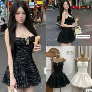 Váy chấm bi 2 dây buộc nơ ngực form bồng xoè phối gấu ren siêu hack eo ( có kèm mút ngực)