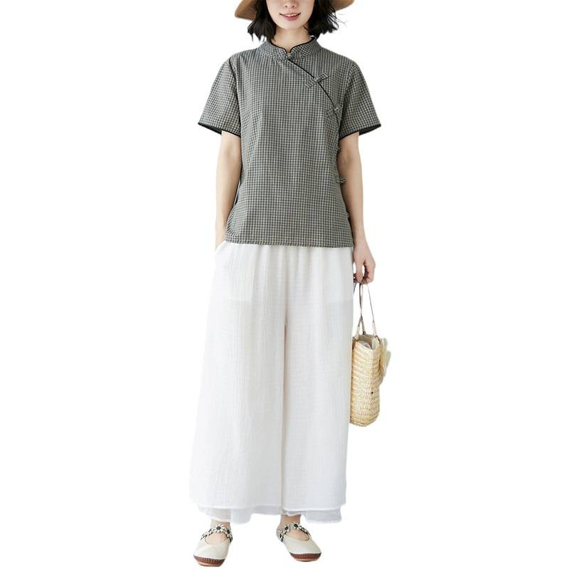 Mới Sườn Xám Trung Quốc Plus Kích Thước Cải Tiến Sườn Xám Retro Cotton Kẻ Sọc Khóa Tay Ngắn Đứng Cổ Áo Cải Tiến Quần Áo Nữ