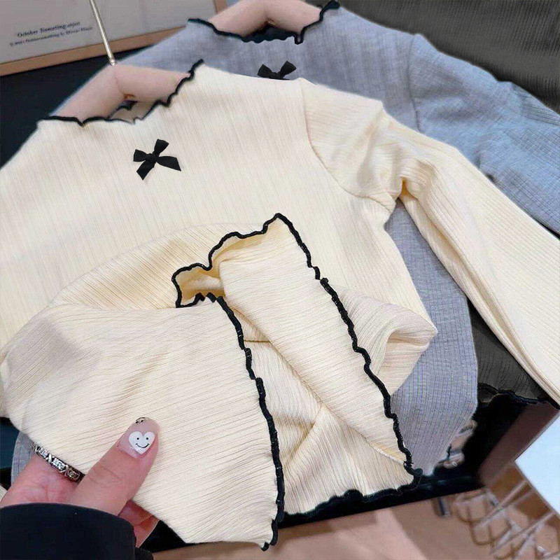 Bé Gái Đáy Áo Sơ Mi Xuân Thu Dài Tay Nấm Cạnh Nơ 90-140 Size ZGDP
