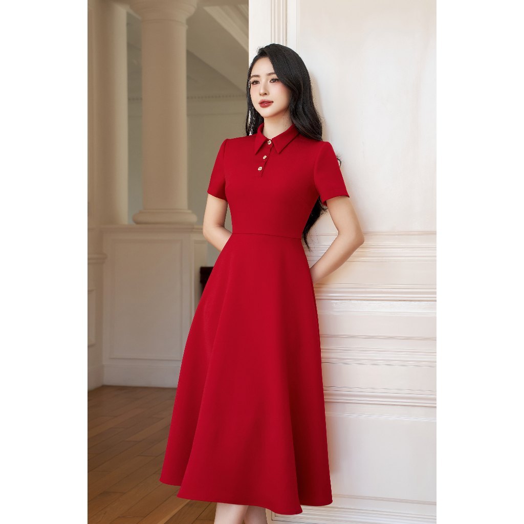 Đầm cổ sơ mi ELLA DORA  thiết kế sang trọng thanh lịch 3 màu ĐỎ/ĐEN/BE [D251]