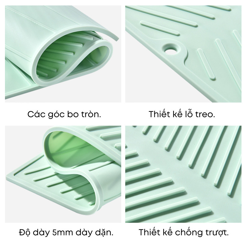 Thảm Lót Bàn Bếp Silicon Thoát Nước Chịu Nhiệt 5mm – Rãnh Nổi Chống Trượt, Lót Úp Bát Đĩa Có Miệng Thoát Nước | 360