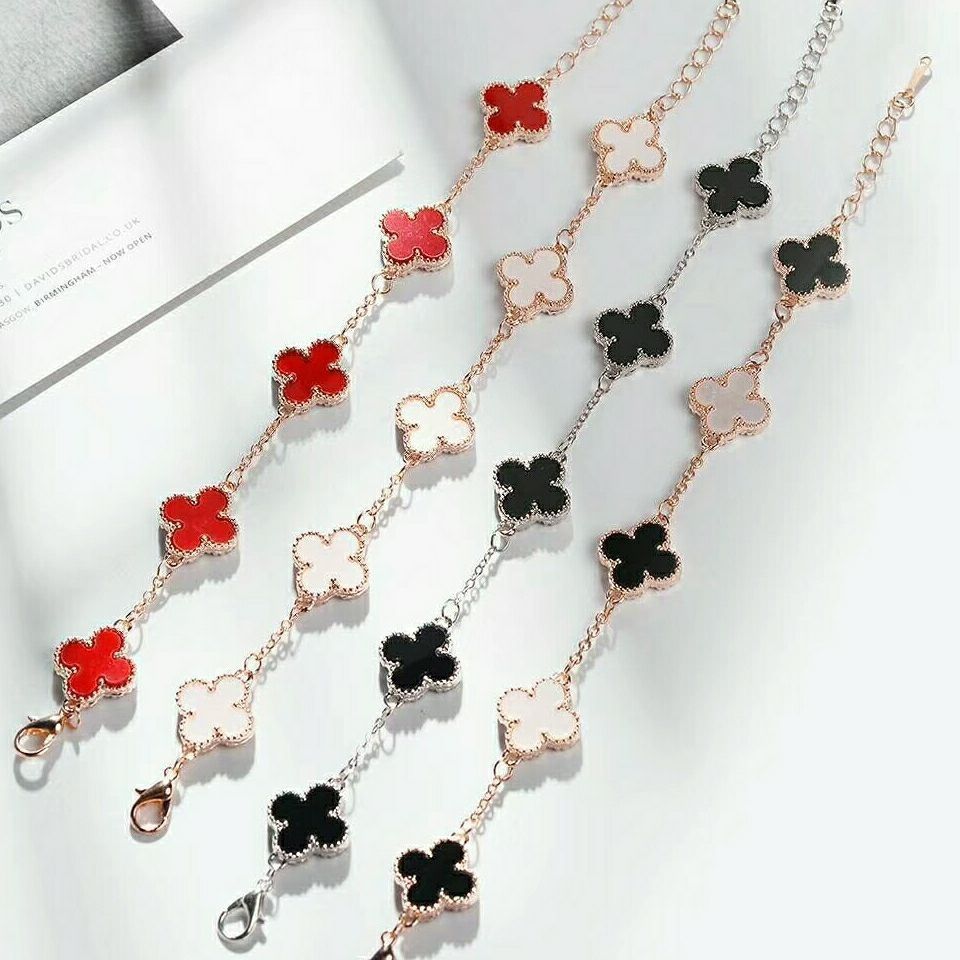 Bộ trang sức bốn lá may mắn: thép titan mạ vàng 18K, 4 màu – vòng cổ, tay, khuyên tai, thời trang