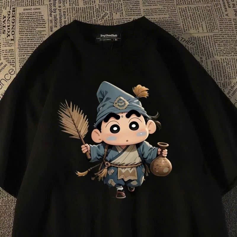 （24H SHIP）Áo thun phong cách đường phố - Dáng rộng, tay ngắn - In hình hoạt hình - 100% cotton-Mềm mại và thoải mái-D673