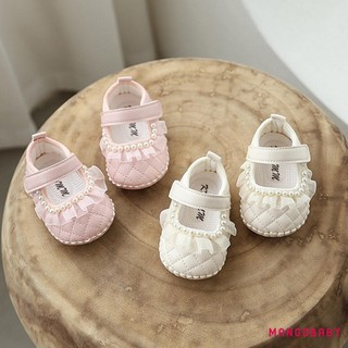 MG-Baby Bé Gái Giày Đế Mềm Chống Trơn Trượt Móc Và Vòng Đóng Ngọc Trai Ren Trang Trí Giày Đi Bộ Đầu Tiên Giày Công Chúa Thoải Mái