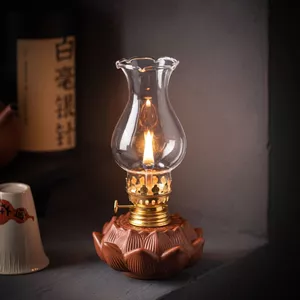 Đèn Dầu Đốt Bấc Dùng Trang Trí Không Gian Trà Đạo, Bình Đựng Bằng Gốm Tử Sa Họa Tiết Hoa Sen