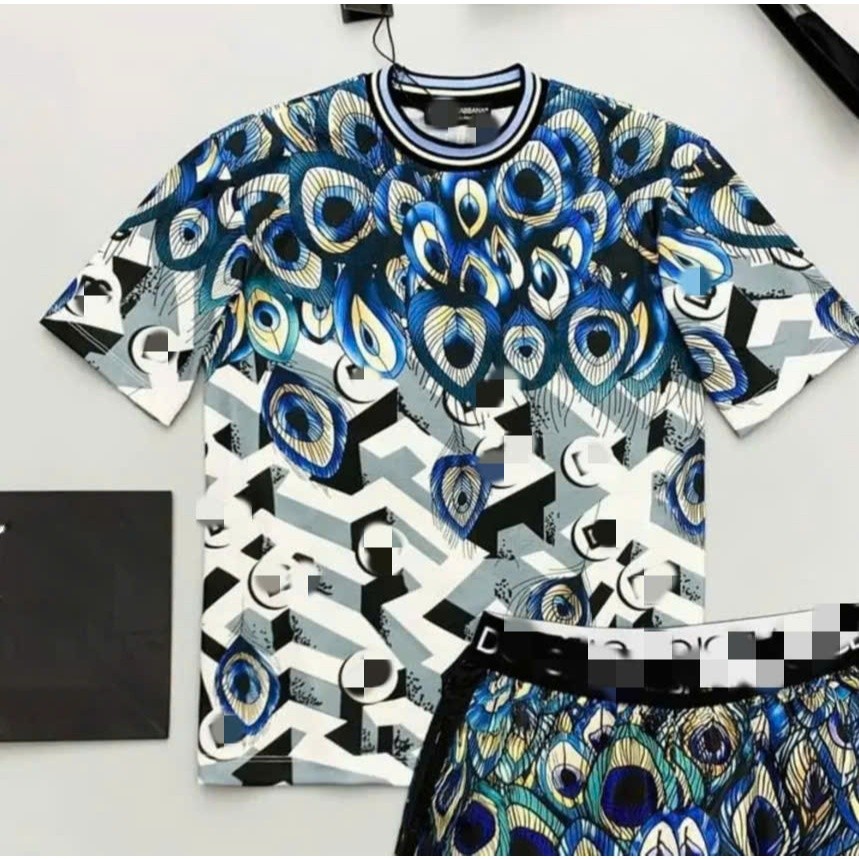 Áo Thun Lông Công Xanh Trắng Họa Tiết Hình Học KCloset Áo Phông Cotton Dày Dặn Unisex NA124