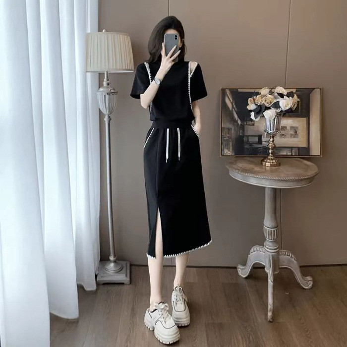 Bộ đồ thời trang kiểu Pháp dành cho nữ, áo ngắn tay và chân váy hai mảnh thanh lịch mùa hè