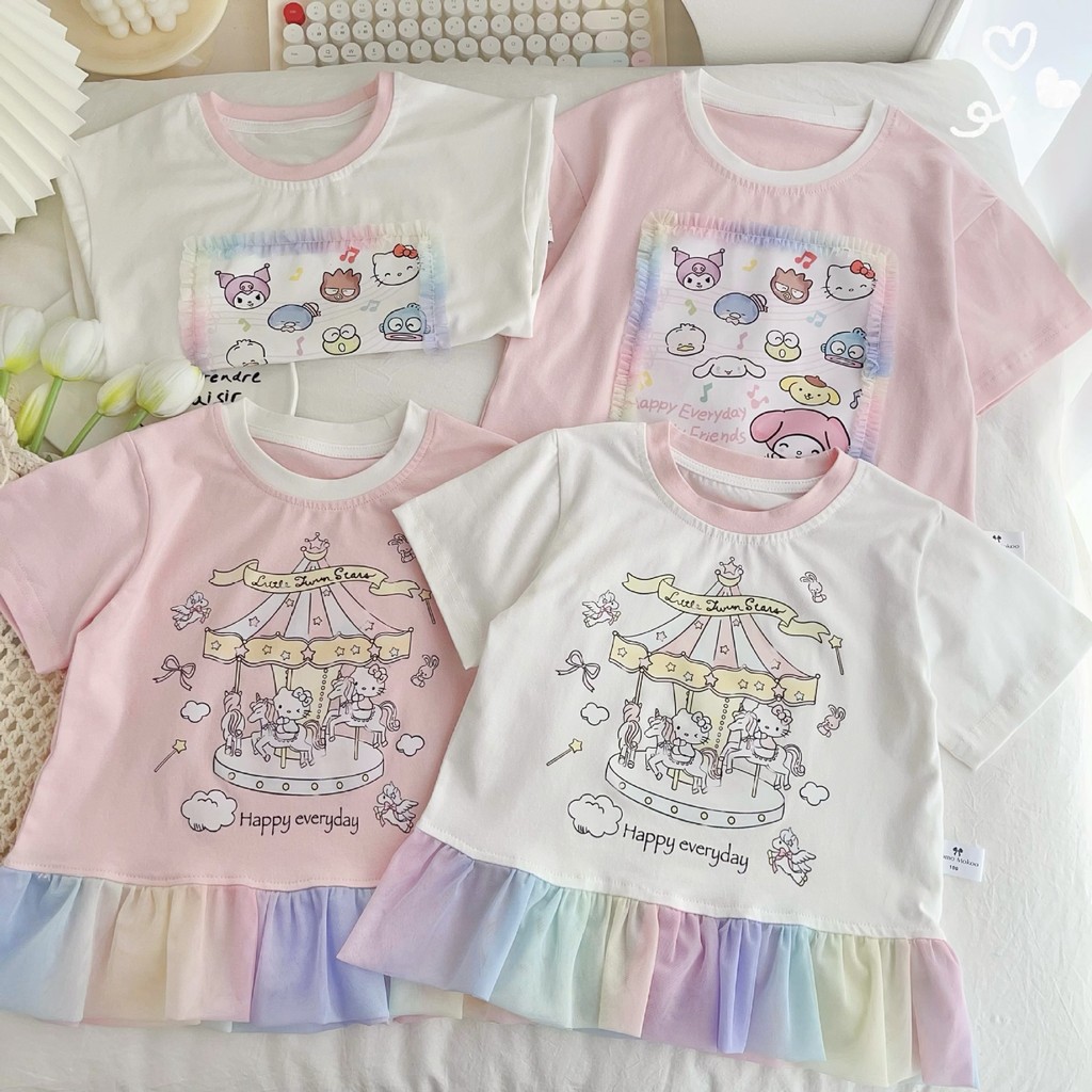 Cotton Lycra Trẻ Em Top Mùa Hè Phong Cách Mới In Hình Dễ Thương Váy Cầu Vồng Viền Áo Thun 100-150 Kích Thước WUUV