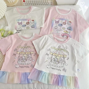 Cotton Lycra Trẻ Em Top Mùa Hè Phong Cách Mới In Hình Dễ Thương Váy Cầu Vồng Viền Áo Thun 100-150 Kích Thước WUUV