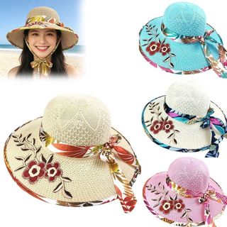 Mũ Rơm Panama Cho Nữ, Thêu Hoa, Chống Tia UV, Phù Hợp Đi Biển Mùa Hè