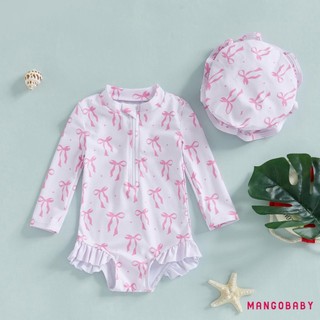 MG-Girls Rash Guard Đồ bơi Áo liền quần dài tay cổ chữ O In nơ Bộ đồ tắm đi biển Áo liền quần có mũ