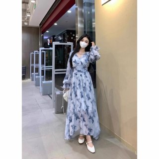 <![Giảm giá 10% trong thời gian có hạn] Váy dài plus size màu xanh in hình bướm, cổ và tay chữ V, phù hợp ngày lễ