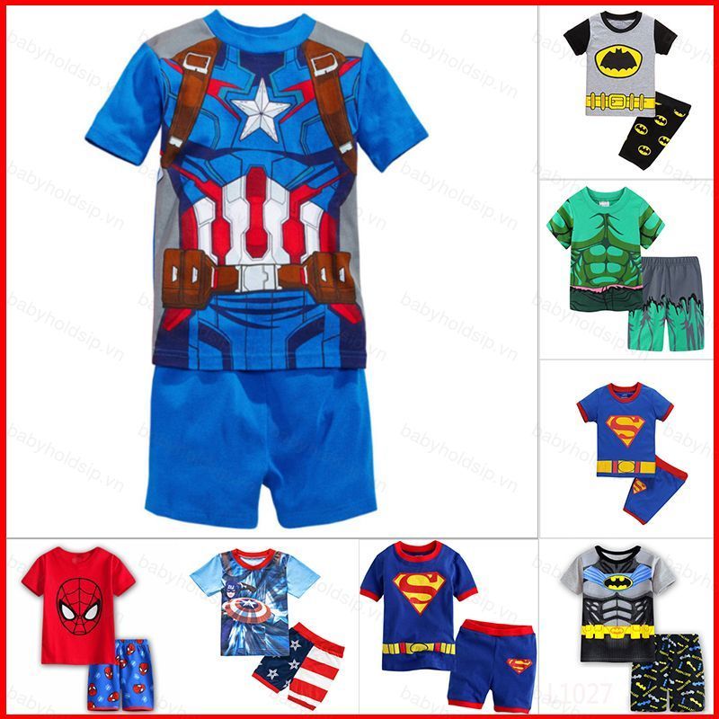 BS1 Mới Siêu Anh Hùng Siêu Nhân Batman Hulk Captain America Trẻ Em Bộ Đồ Ngủ Áo Thun Tay Ngắn Bộ Mùa Hè Thường Ngày Nhà