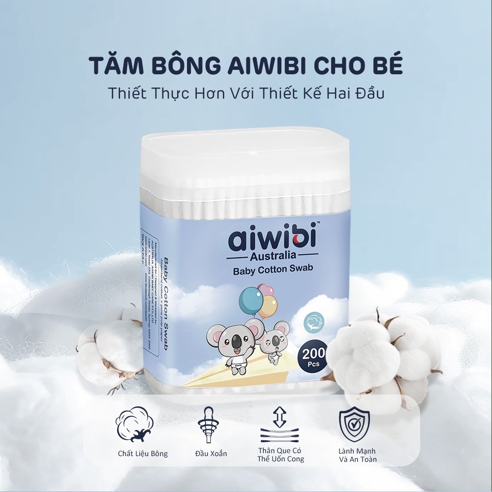 Tăm Bông Aiwibi Cao Cấp Cho Bé, Mềm Mịn, Thân Giấy Linh Hoạt, 100% Bông Thiên Nhiên - 200 Cái/Hộp