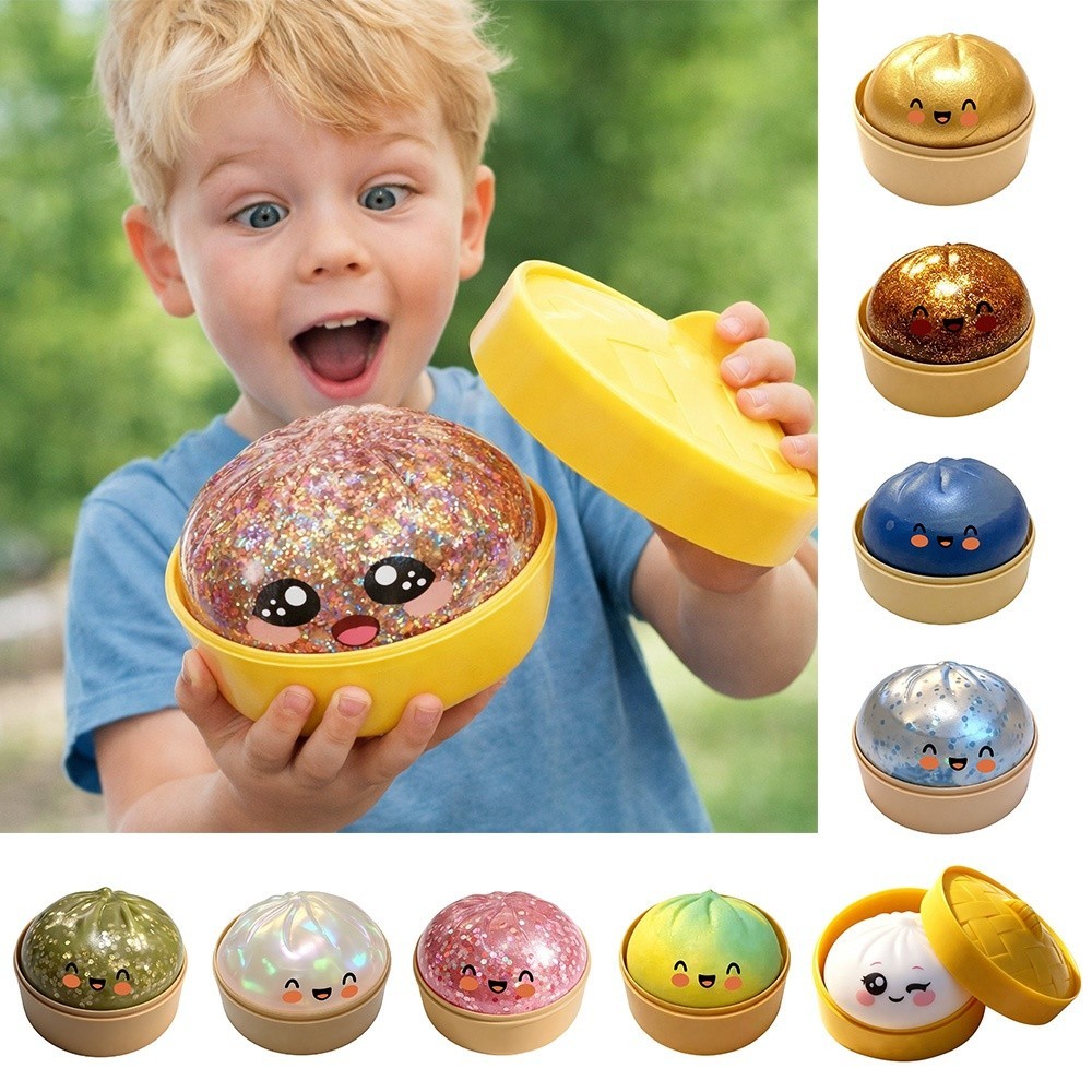 HOBBYIN Bánh bao Đồ chơi Squishy, Bun nhồi bông mềm lấp lánh Squishy Pinch Le, Quà tặng Khả năng phục hồi chậm với Steamer Fidget Squishy Đồ chơi để giảm lo âu căng thẳng