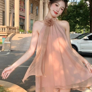 Hoa Ba Chiều Màu Cam Tính Khí Voan Ngắn Tay Cổ Dây Đầm quây Bé Gái Pháp Ngọt Ngào Phong Cách Nhẹ Nhàng Ngọt Ngào Váy Ngắn Cổ Tích