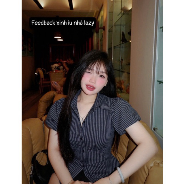 Áo sơ mi kẻ sọc tay bồng A554 chiết eo dễ phối đồ hàng loại 1_Lazy có bigsize