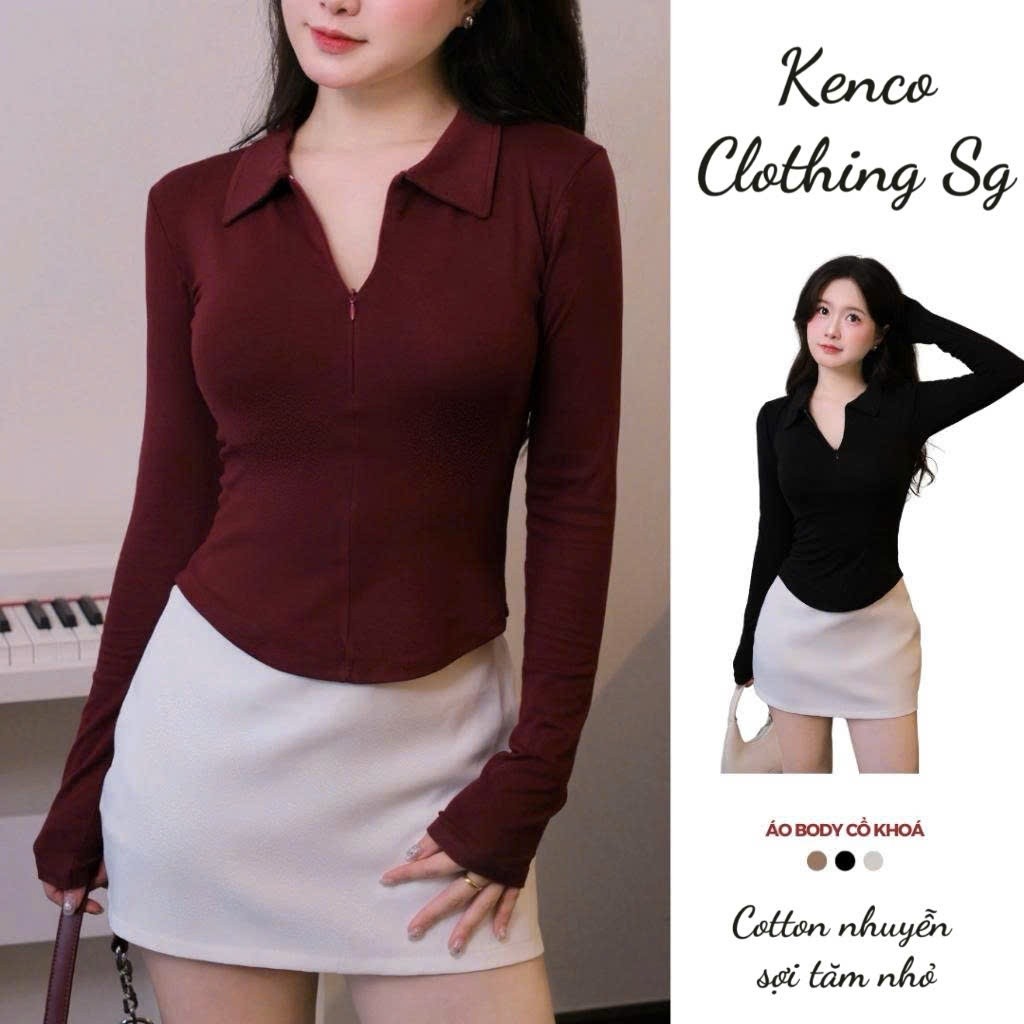 [Mở Bán] Áo Thun Nữ Tay Dài Ôm Body Cổ Bẻ Phối Khoá Kéo Dáng Vạt Bầu Cotton nhuyễn