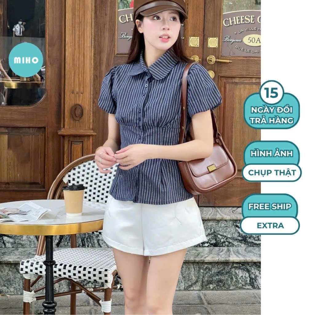 Áo kiểu babydoll kẻ chiết eo  - Sam Botique