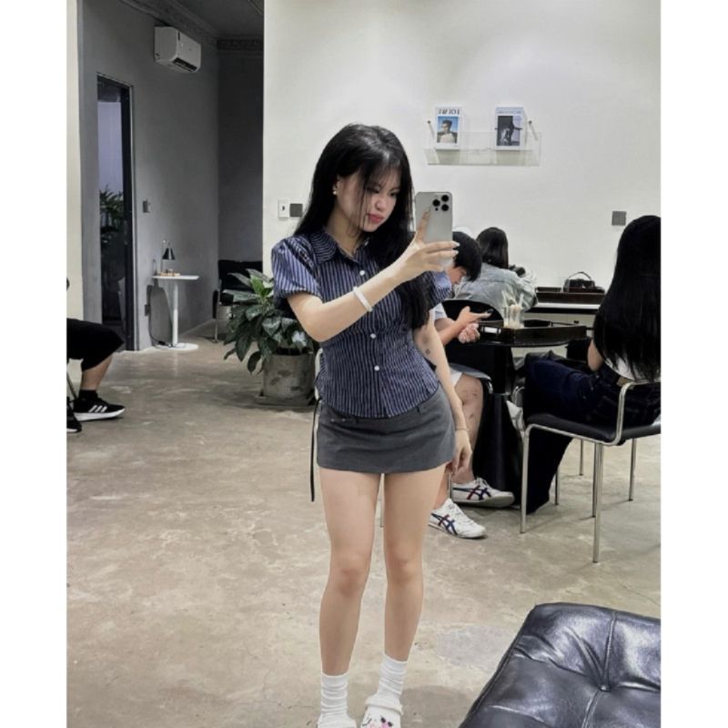 Áo sơ mi kẻ sọc tay bồng A4 chiết eo dễ phối đồ hàng loại 1có bigsize - Sam botique