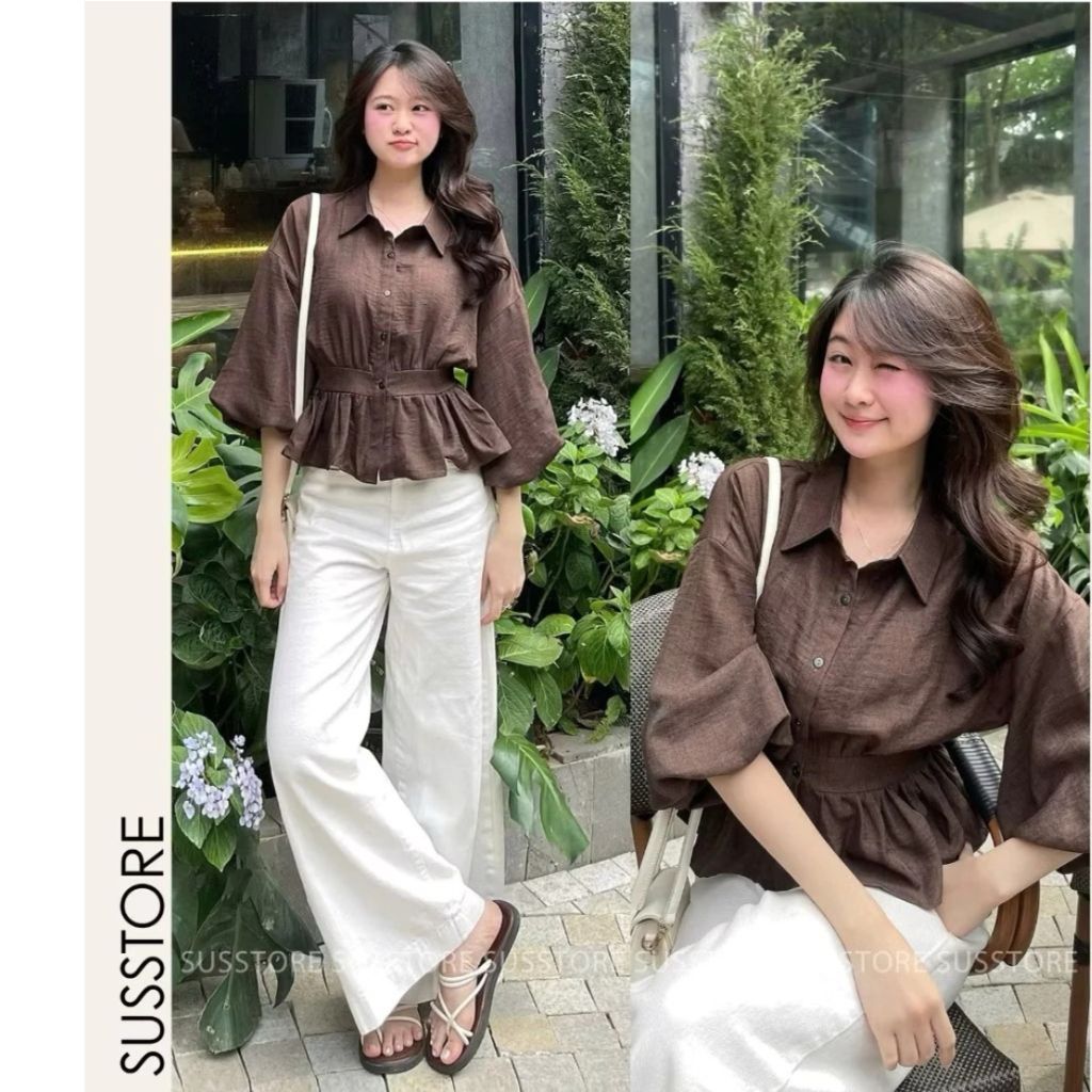 [Peinn] Áo Sơmi Bo Eo Lưng Chun Tay Bồng Cúc Dọc Đũi Hàn A377226 - Sam Botique
