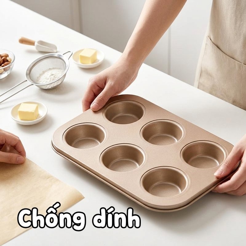 Khuôn làm bánh 6 ô chống dính thép carbon dẫn nhiệt đều dùng lò nướng chắc chắn dễ lấy bánh ra