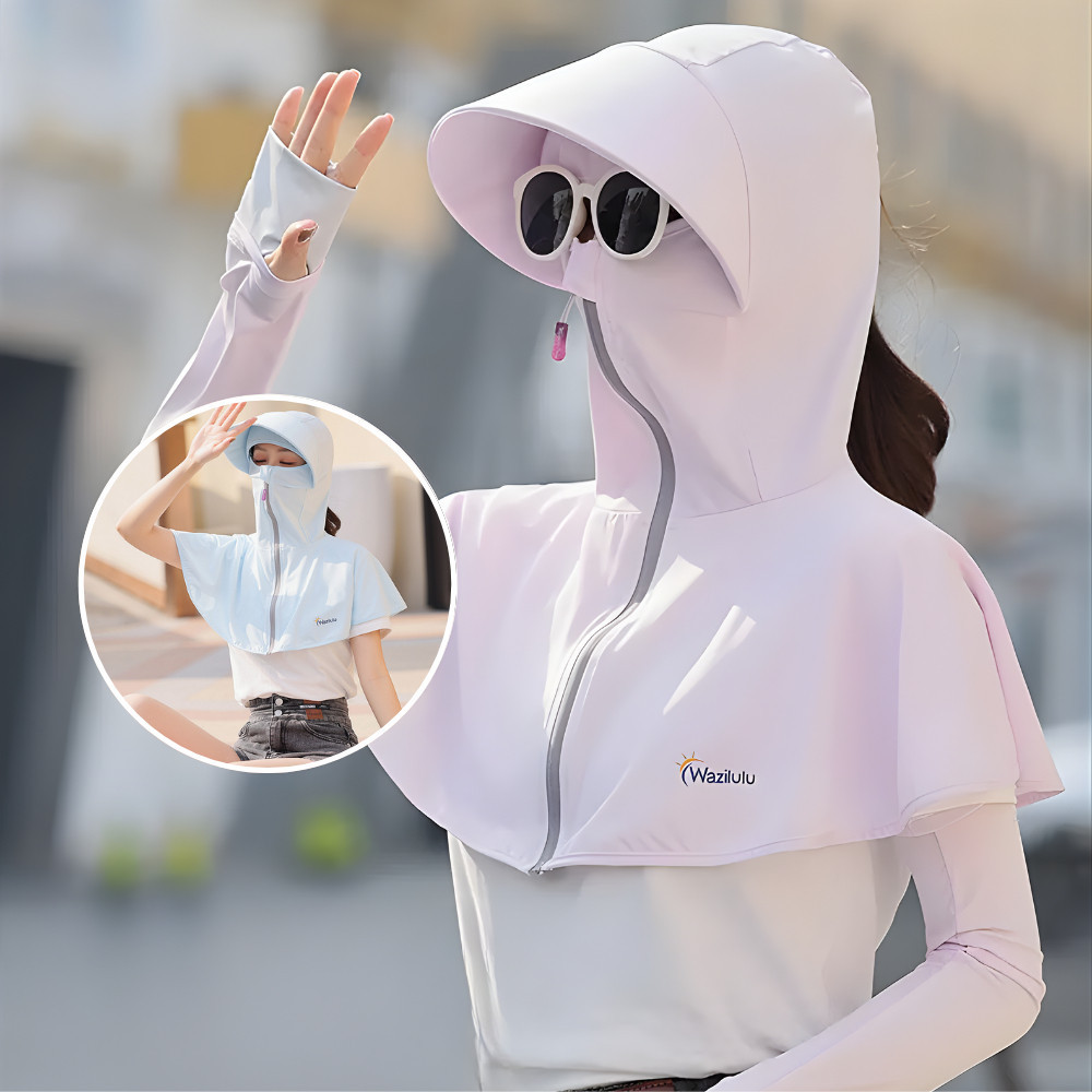 Mũ Chống Nắng Toàn Diện Nữ, Kèm Khẩu Trang Che Mặt Cổ DINO, Áo Choàng Chống UV, Vải Mát Lạnh Thoáng Khí