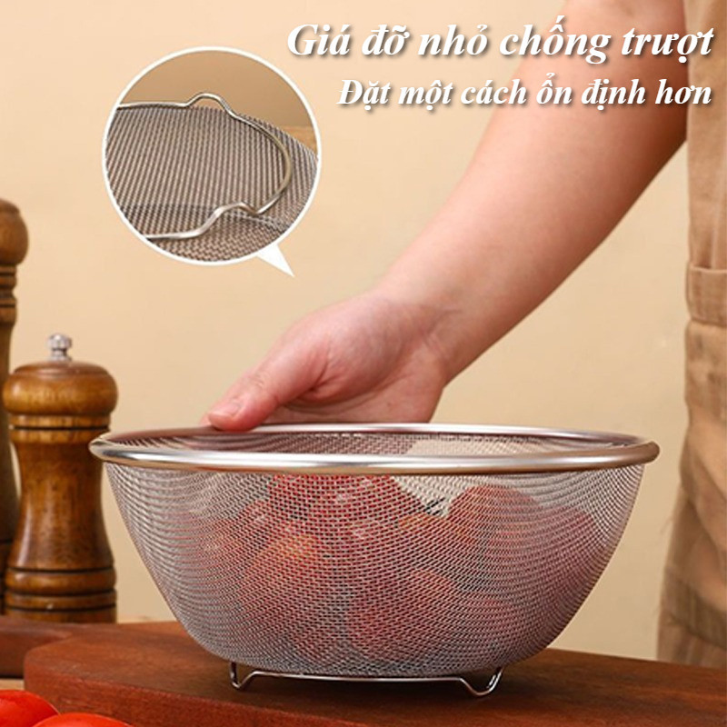 Chậu Rửa Rau Inox 304 Có Giỏ Lọc, Dày Bền, Không Gỉ, Size 19/22/28cm, Đa Năng Nhà Bếp