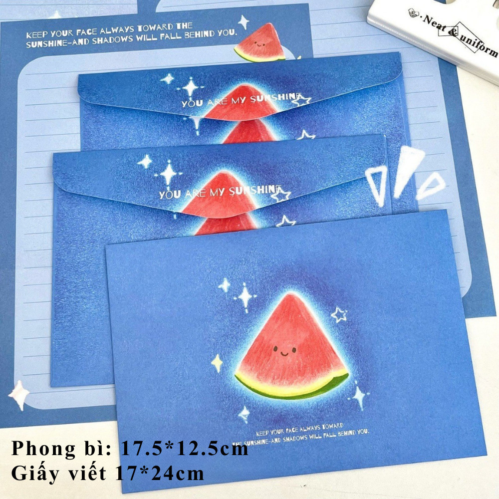 Phong bì kèm giấy thư ghi lời chúc in hình hoa quả độc đáo, bưu thiếp họa tiết trái cây