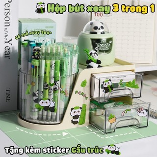 Hộp đựng bút để bàn nhiều ngăn - Kệ đựng mỹ phẩm, cute xoay 360 tiện lợi, tặng nhãn dán gấu trúc cho học sinh đa năng