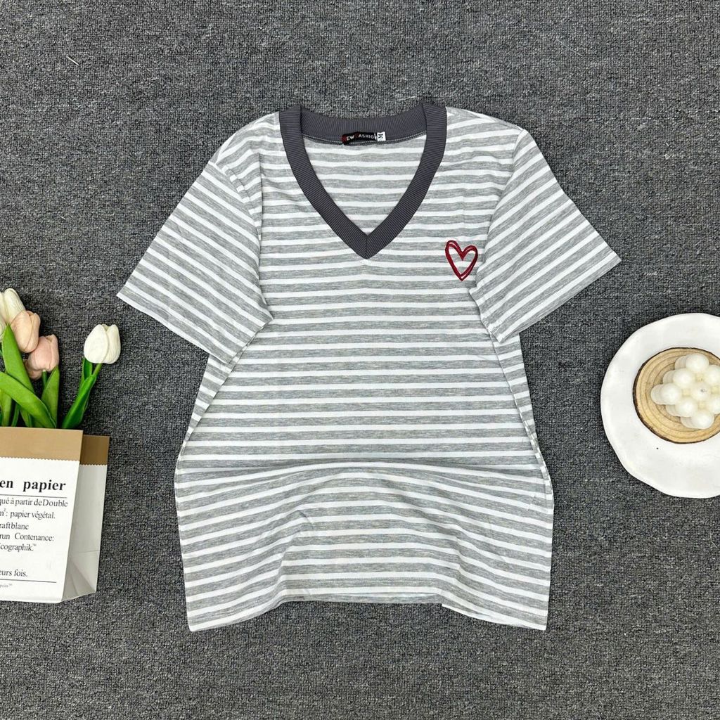 Áo Thun Nữ ESHOP MS515 Bigsize Kẻ Sọc Cổ Tim Tay Ngắn Chất Cotton Mềm Mịn Thoáng Mát Phù Hợp Mùa Hè