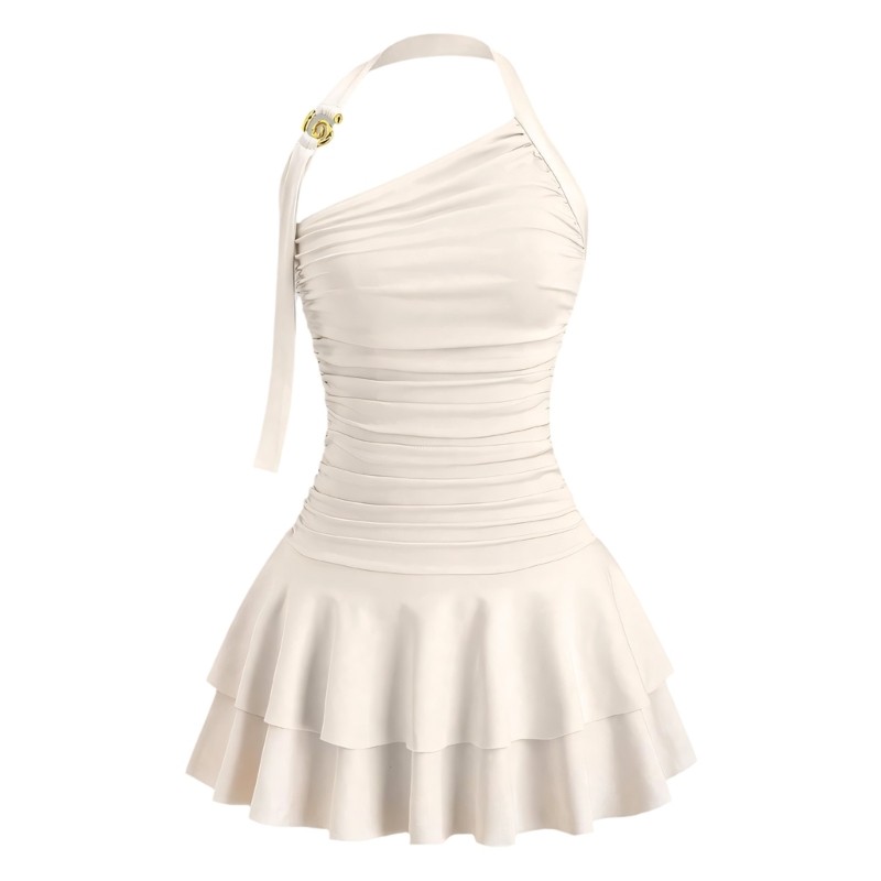 Shoulder Wrap Neck Bodycon A Line Pleated Dress For Women Lady Color Option