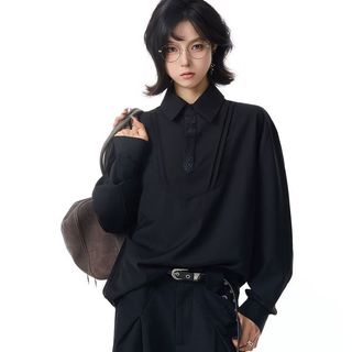 Áo sơ mi polo dài tay thêu, dáng rộng style cổ điển Hàn Quốc